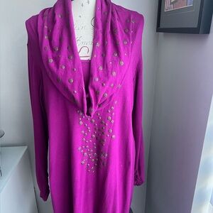 Alfani Purple Long Sleeve Gold Sequin Cowl Neck Short Dress Tunic Women Size 1X